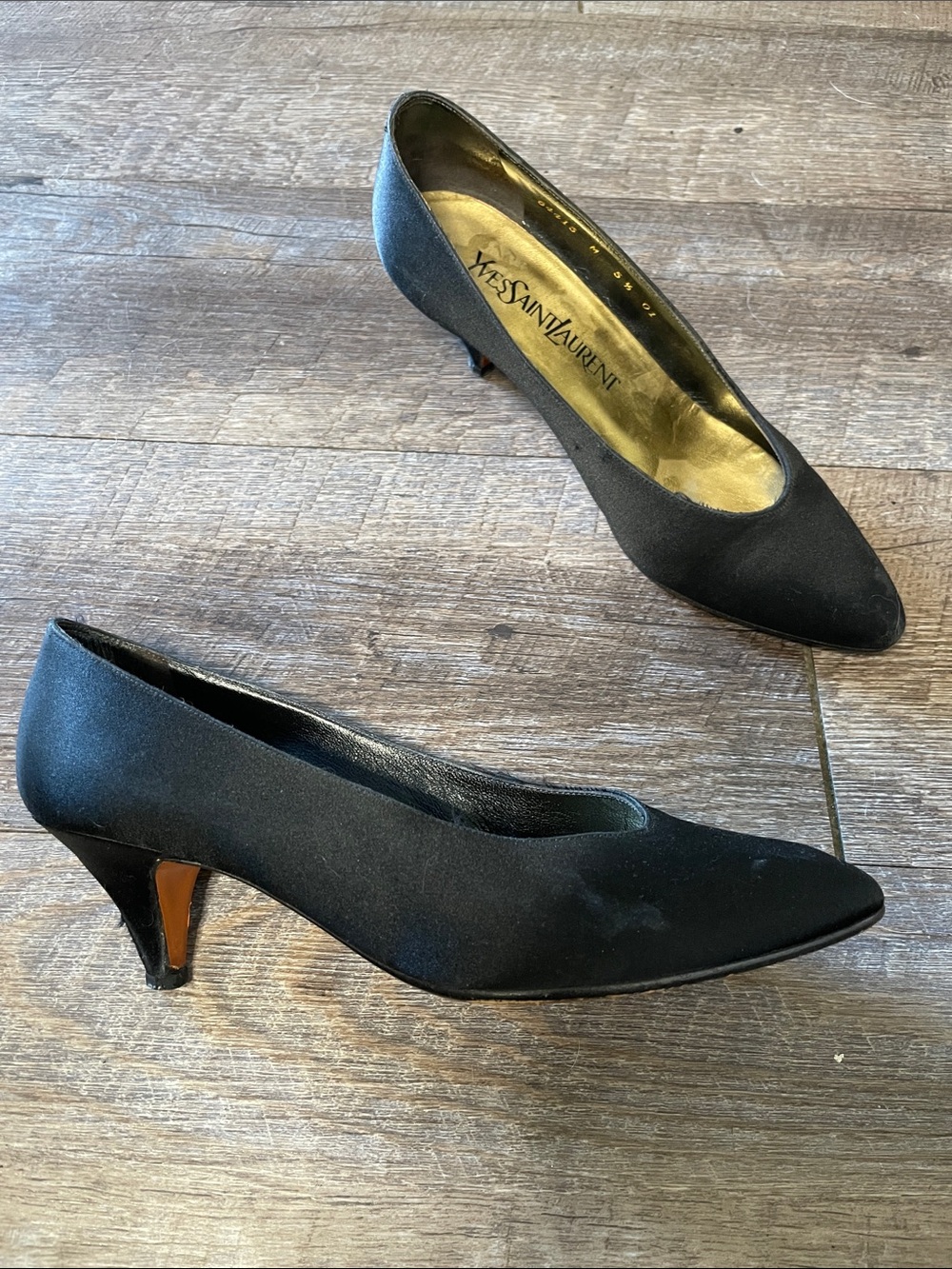 Yves Saint Laurent Vintage Black Satin Pointed-Toe Kitten Heels